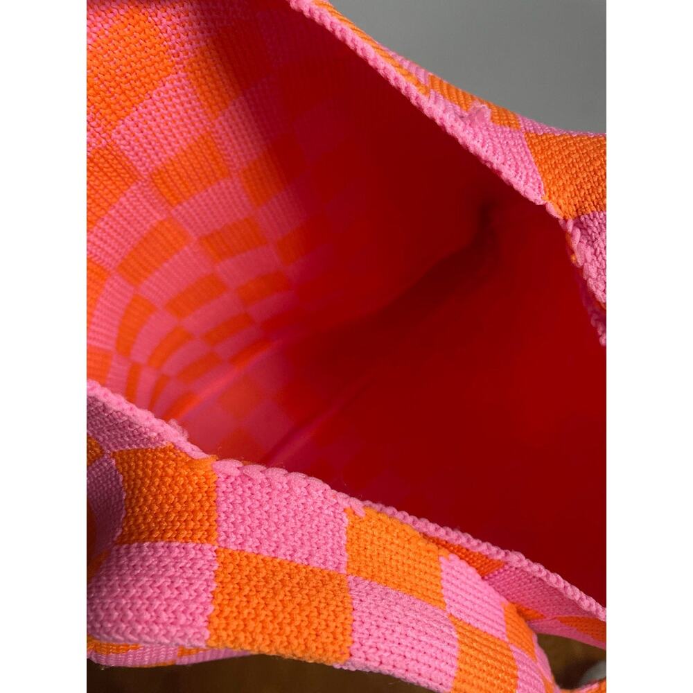 Kopari Knit Mini Tote Pink Orange 11" tall x 13.5" wide Retro Funky Checkered - Picture 3 of 7